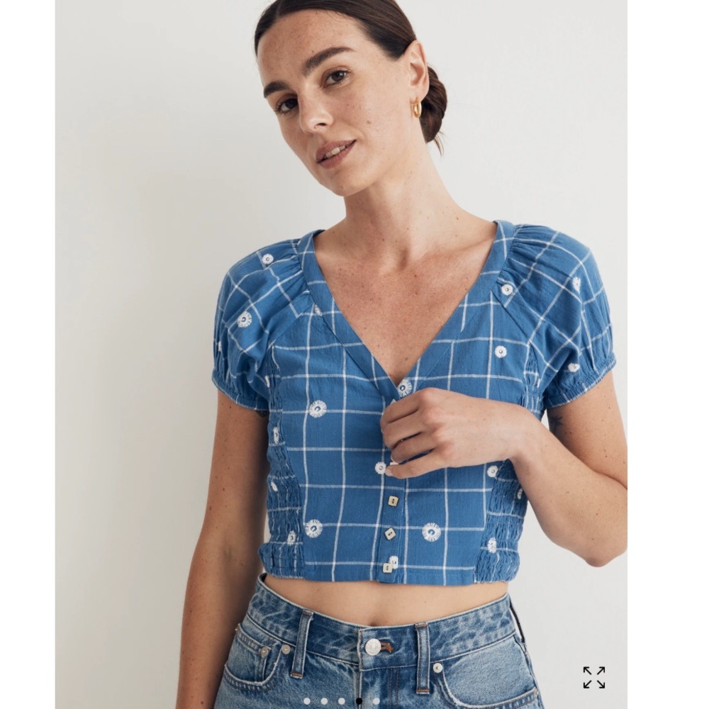 Madewell Blue Plaid Cropped Button-Front Top